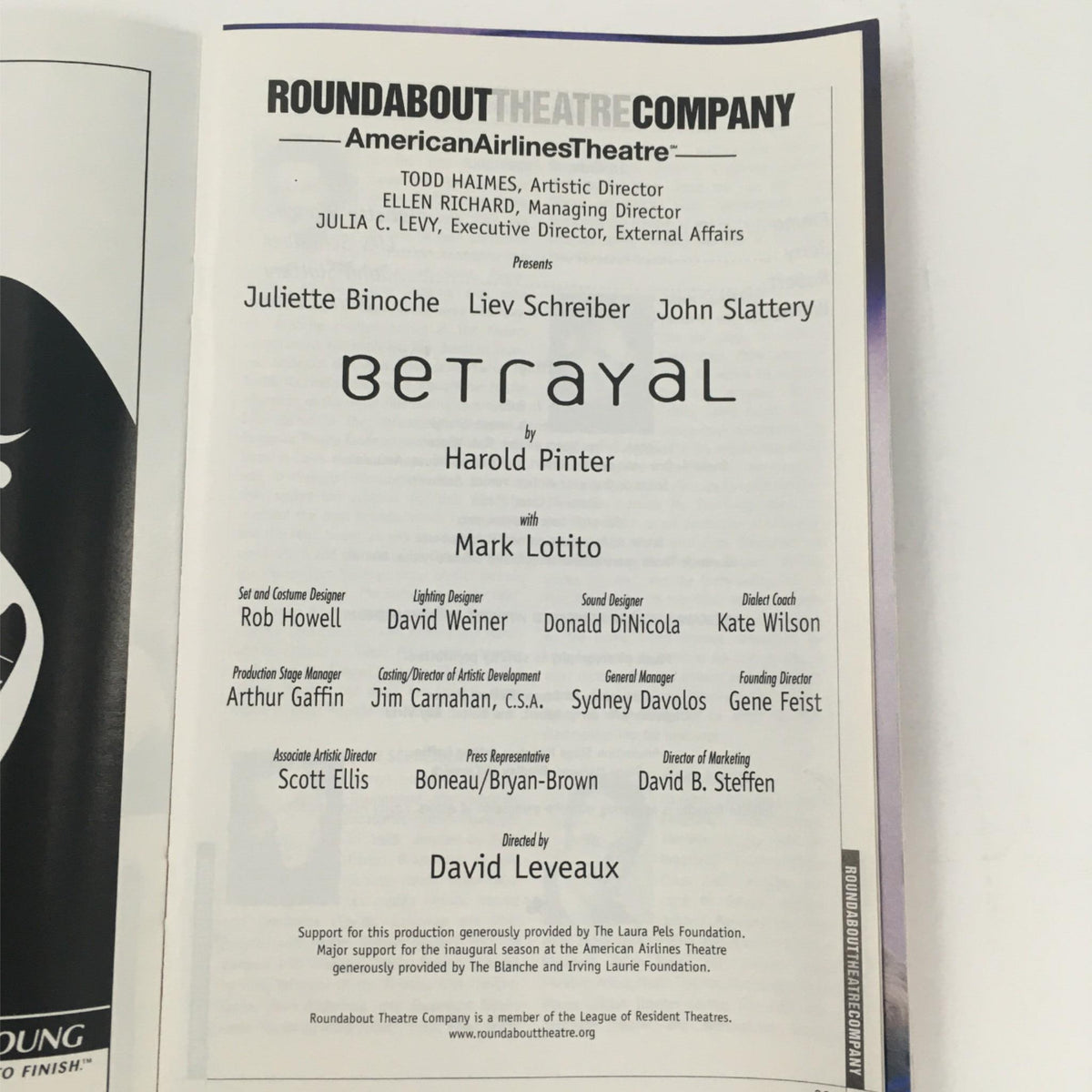 2001 Stagebill for 'Betrayal' by Harold Pinter featuring Mark Lotito, showcasing cast and crew details for the production at American Airlines Theatre.