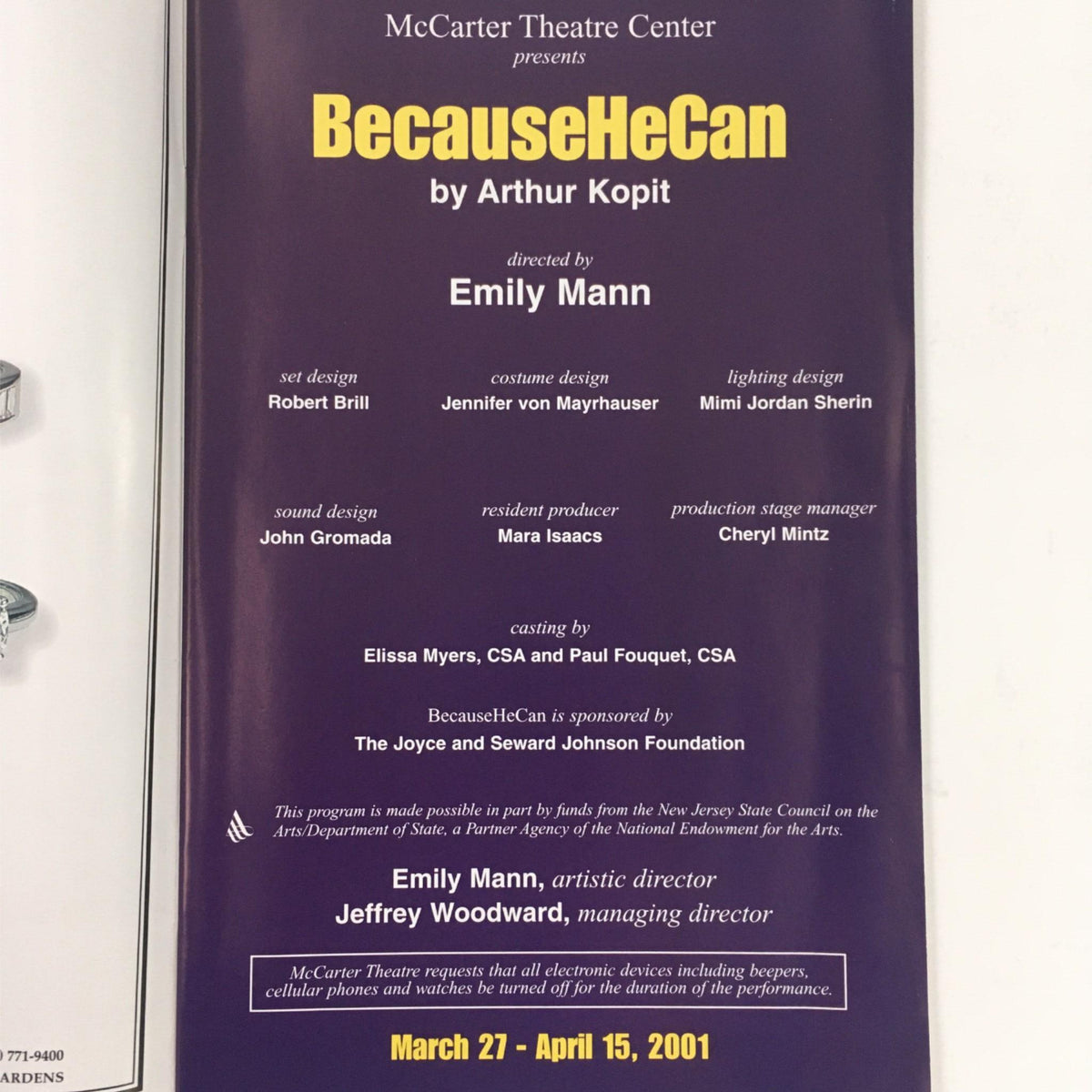 Interior page of 'Because He Can' by Arthur Kopit, showcasing credits and design information, including names of the artistic team and details of the show's production at McCarter Theatre Center.