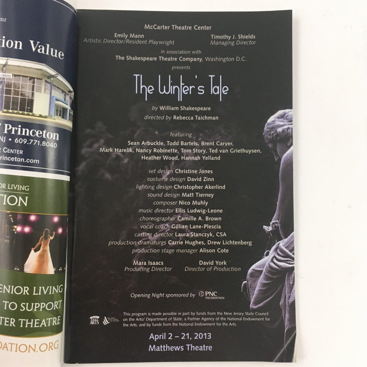 Inside page of 'The Winter's Tale' program featuring cast and crew details, directed by Rebecca Taichman, presented at McCarter Theatre Center.