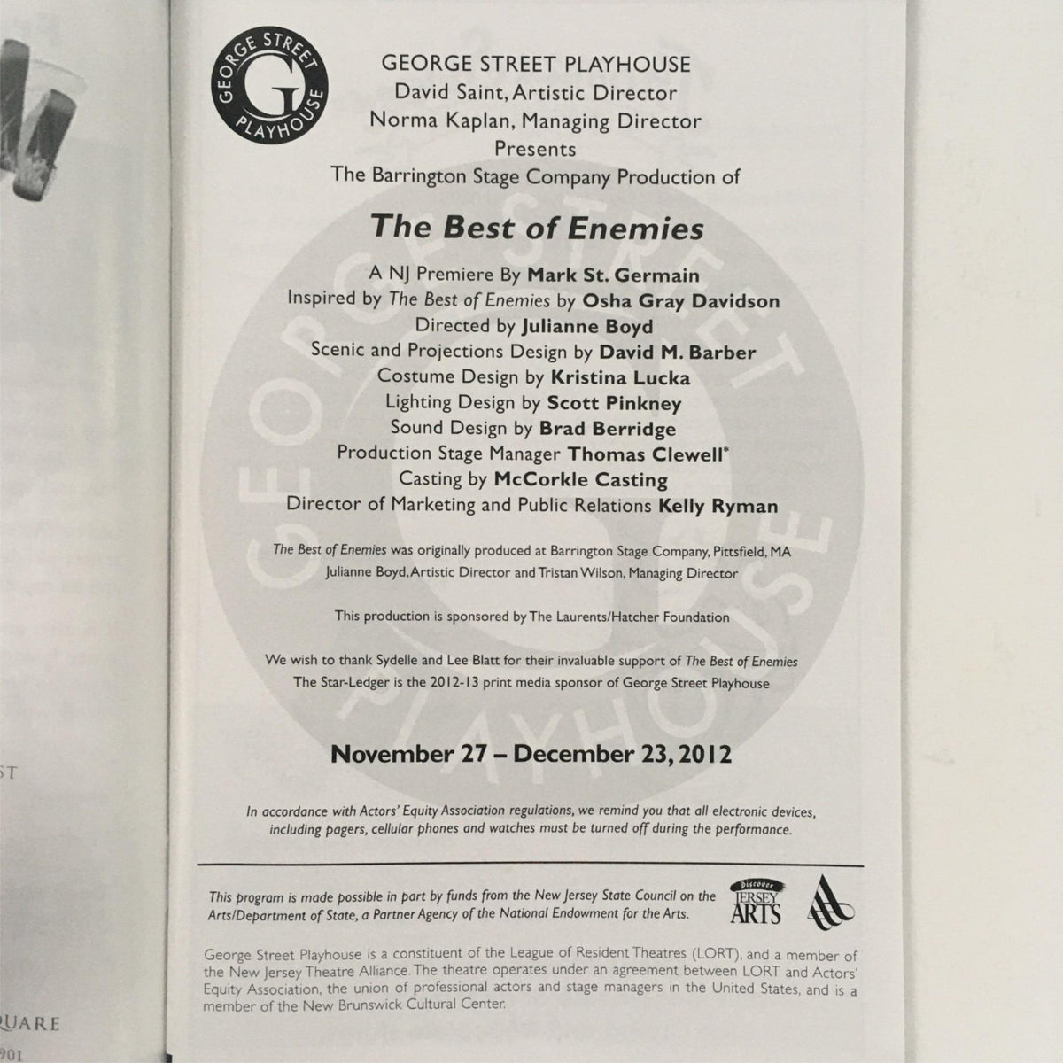 Image of the program for 'The Best of Enemies' by Mark St. Germain at George Street Playhouse, showcasing details like cast and crew credits, and scenic design information.