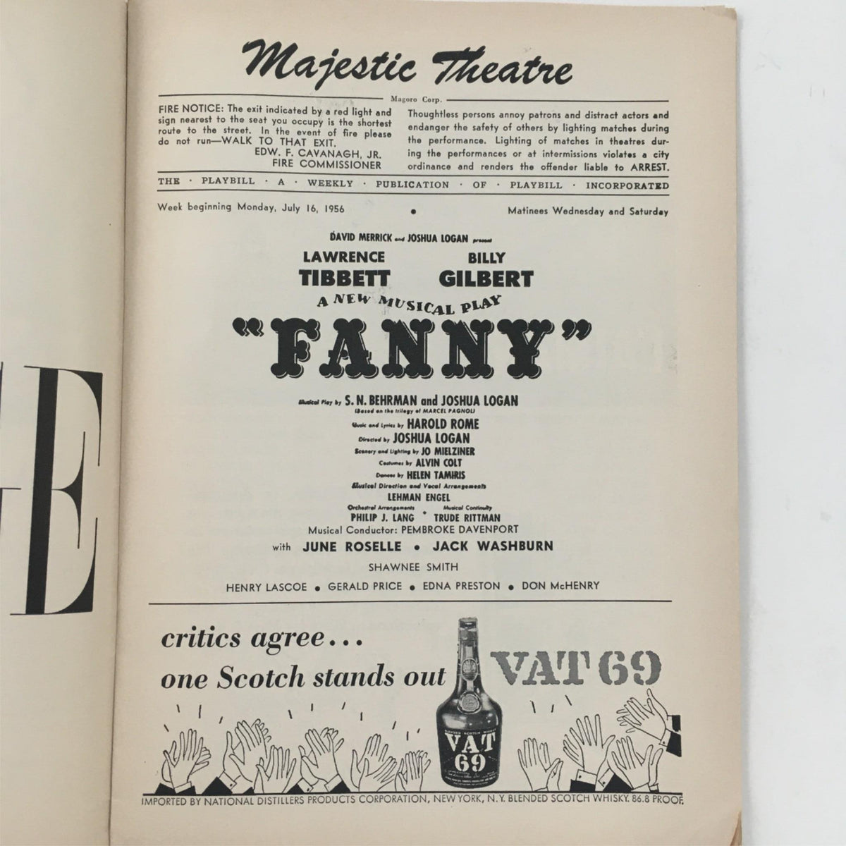 1956 Playbill Fanny by Lawrence Tibbett, Billy Gilbert at Majestic Theatre showing the cast and production details inside the playbill.