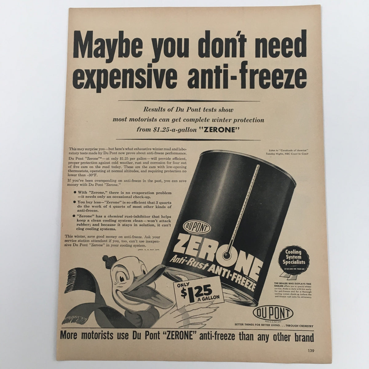 1950 Dupont Zerone Anti-Rust Anti-Freeze Vintage Print Ad featuring vintage design and promotional text about automotive anti-freeze, showcasing a can of Dupont Zerone and a whimsical illustration.