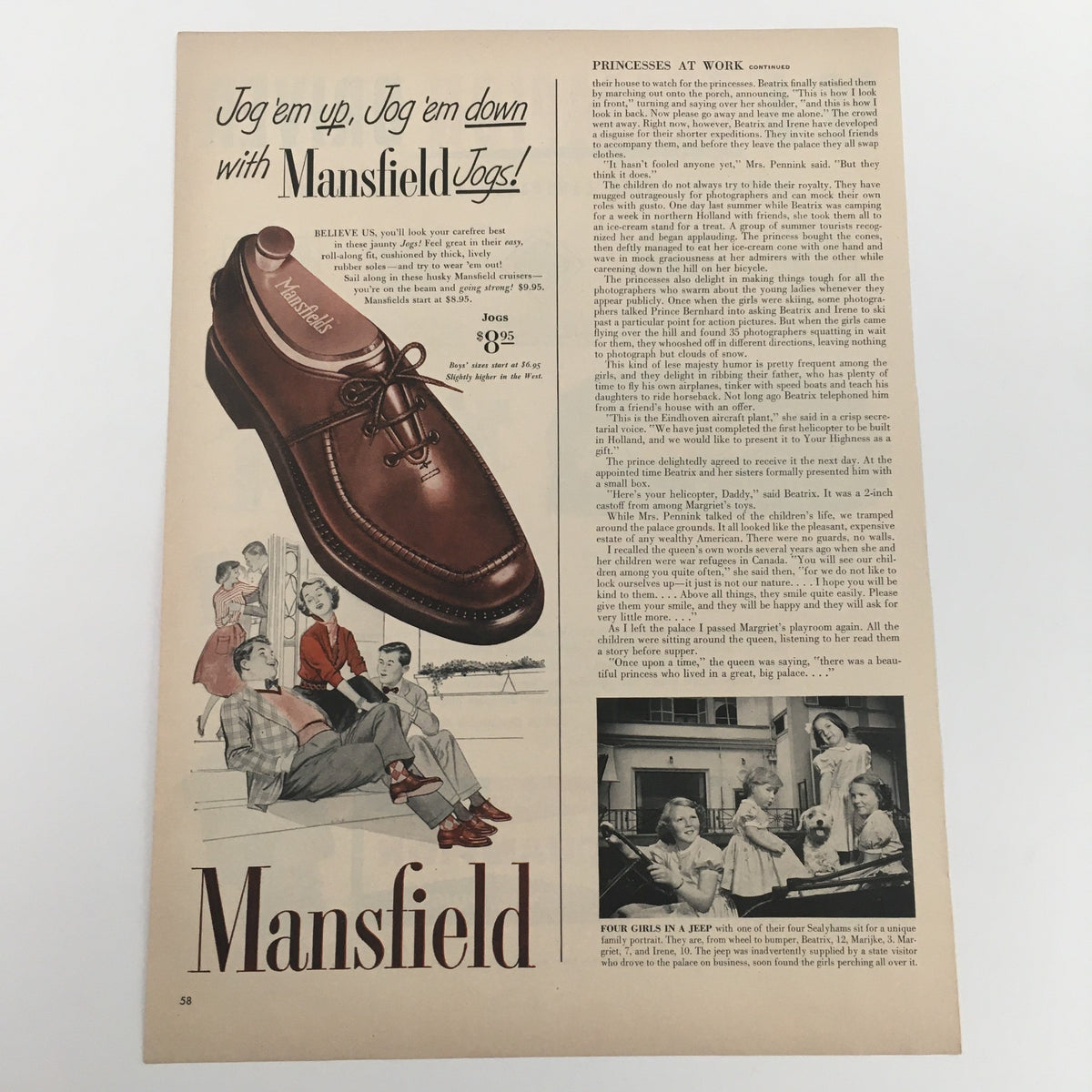 1950 Mansfield Jogs Vintage Print Ad featuring stylish footwear and lifestyle imagery from the mid-20th century.