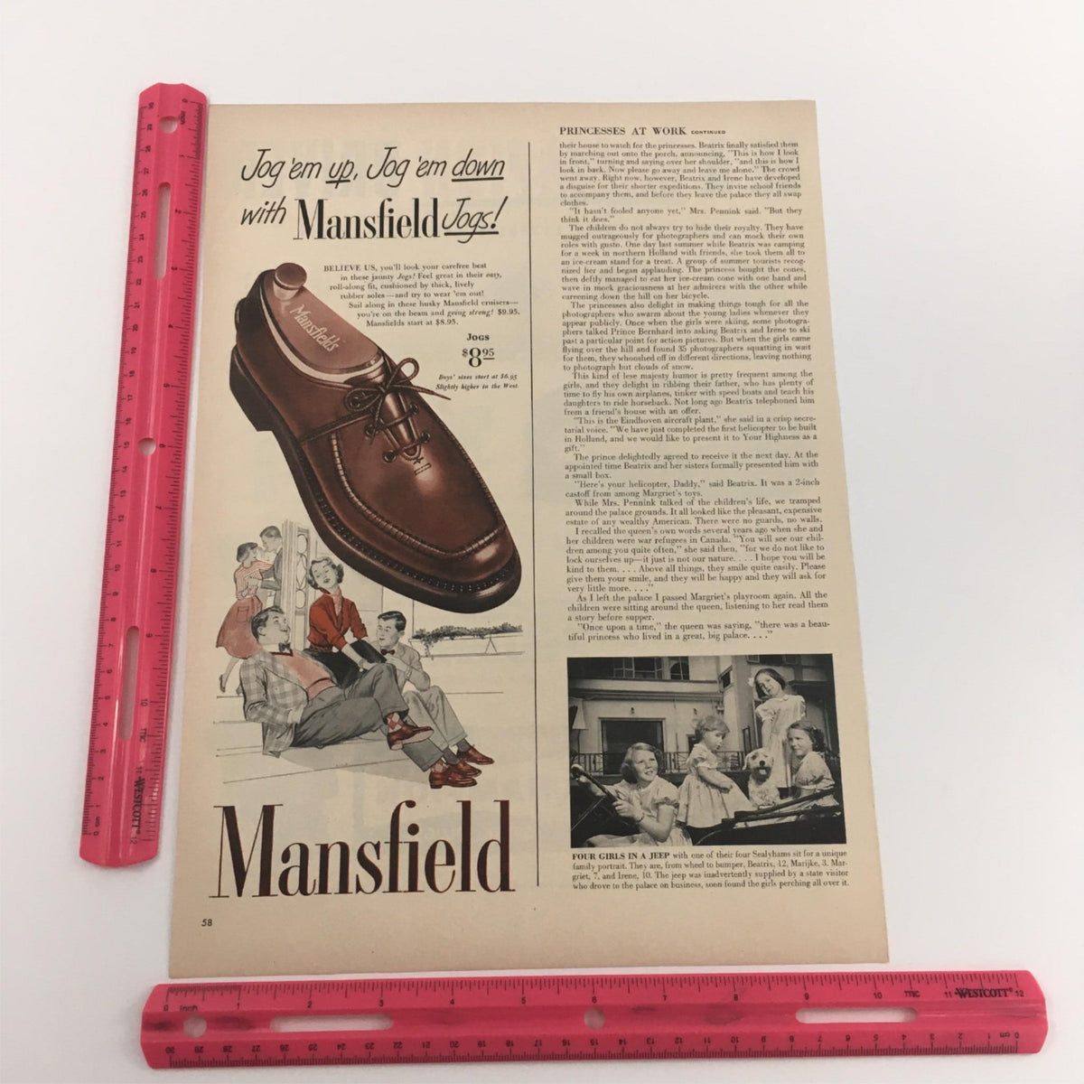 1950 Mansfield Jogs Vintage Print Ad with an emphasis on lifestyle and fashionable shoes, presented alongside charming family scenes.
