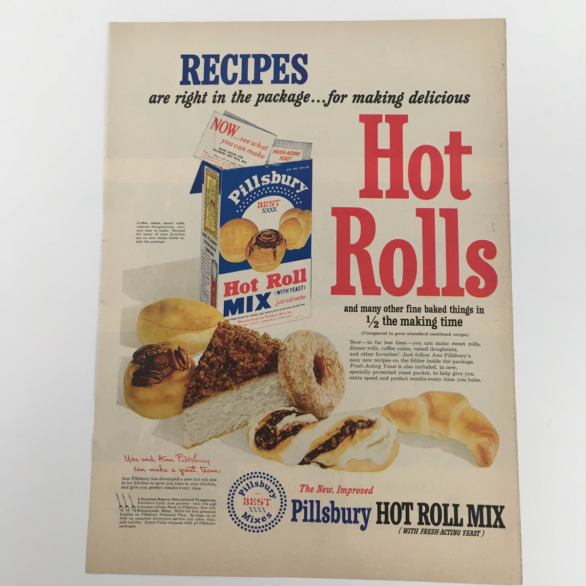 Vintage print advertisement for Pillsbury Hot Roll Mix, showcasing the package and baked goods, emphasizing easy recipe preparation.