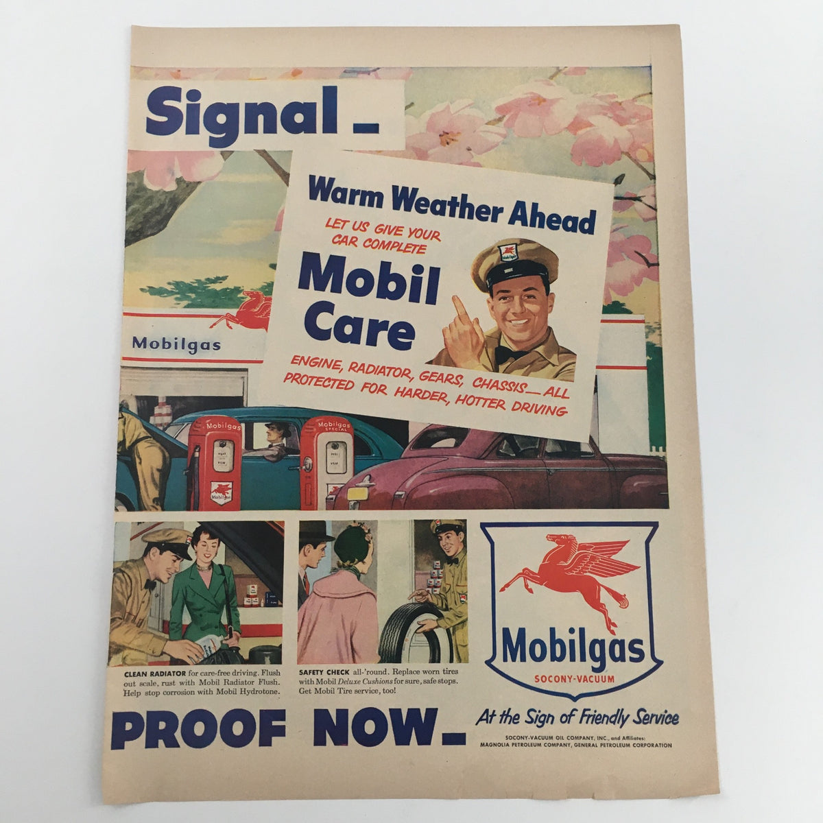 Mobilgas Socony-Vacuum Mobil Care advertisement showcasing customer service and vehicle maintenance tips, 1950 Mobilgas Socony-Vacuum Mobil Care Vintage Print Ad.