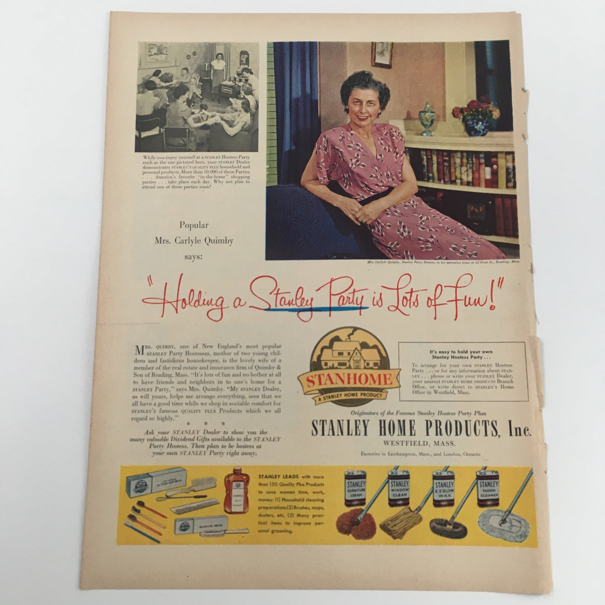 1950 Stanley Home Products Incorporation Vintage Print Ad featuring popular Mrs. Carlyle Quimby promoting Stanley Party with colorful illustrations and household products.