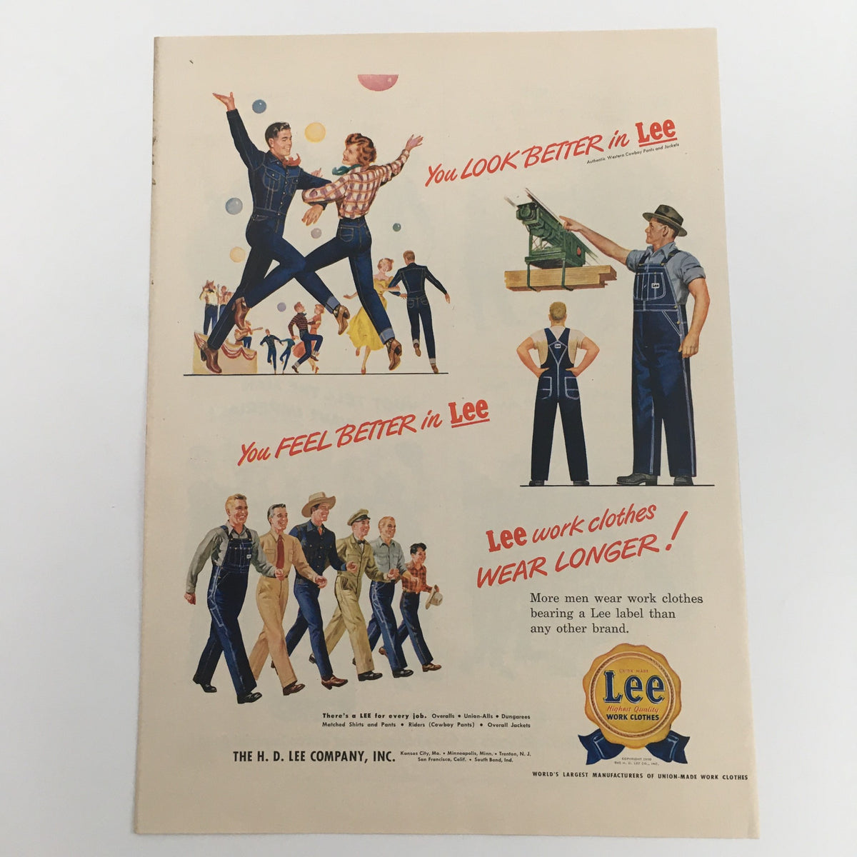 Vintage print ad for Lee work clothes showcasing men in various active poses under the slogan 'You Look Better in Lee'. Part of the 1950 Imperial Hiram Walker’s Blended Whiskey Vintage Print Ad collection.