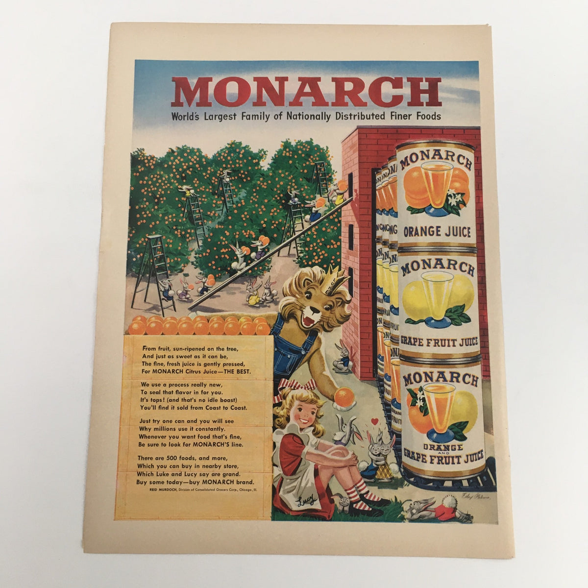 1950 Monarch Orange Juice Vintage Print Ad displaying vibrant colors and a playful design with a lion mascot and fruit imagery, celebrating the Monarch brand's family of distributed foods.