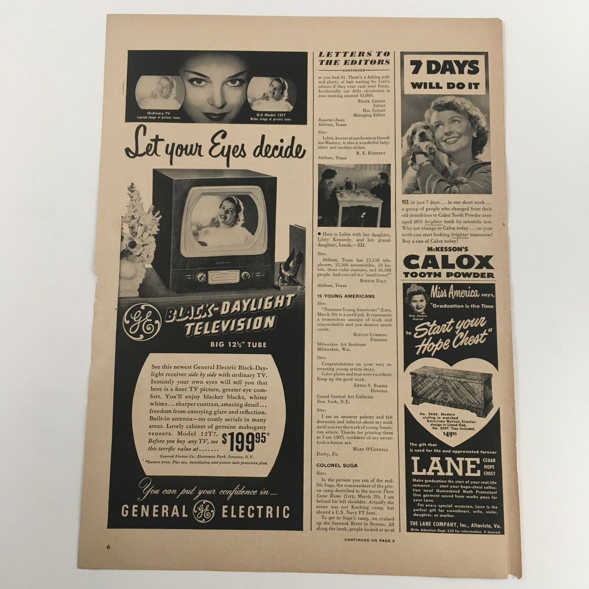 1950 Automagic Thor Spinner-Washer Single Tub Spinner Vintage Print Ad featuring a General Electric Black-Daylight Television with a woman watching TV, showcasing mid-century advertising style.