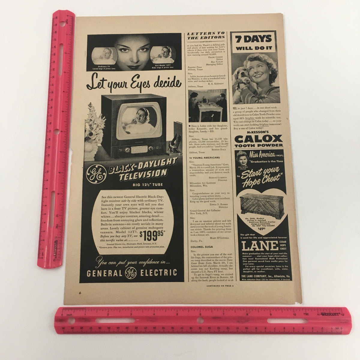1950 Automagic Thor Spinner-Washer Single Tub Spinner Vintage Print Ad highlighting a General Electric Black-Daylight Television, with rulers for size reference, perfect for collectors of vintage appliances.