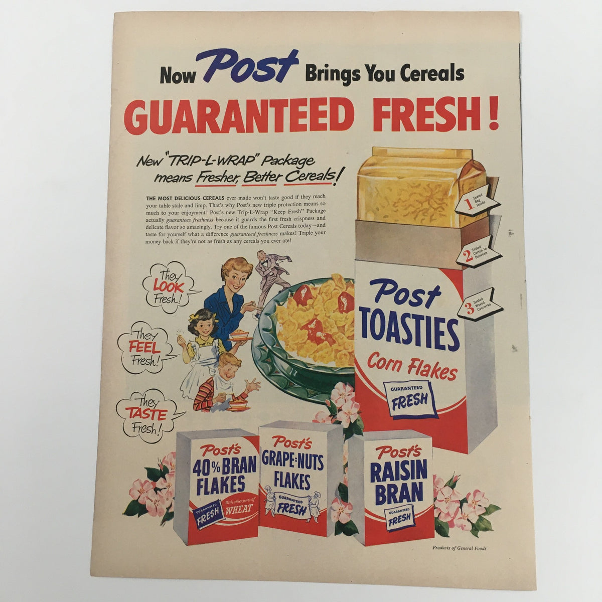 1950 Post Toasties Corn Flakes Vintage Print Ad showcasing the Guaranteed Fresh slogan with colorful cereal boxes and children enjoying breakfast.
