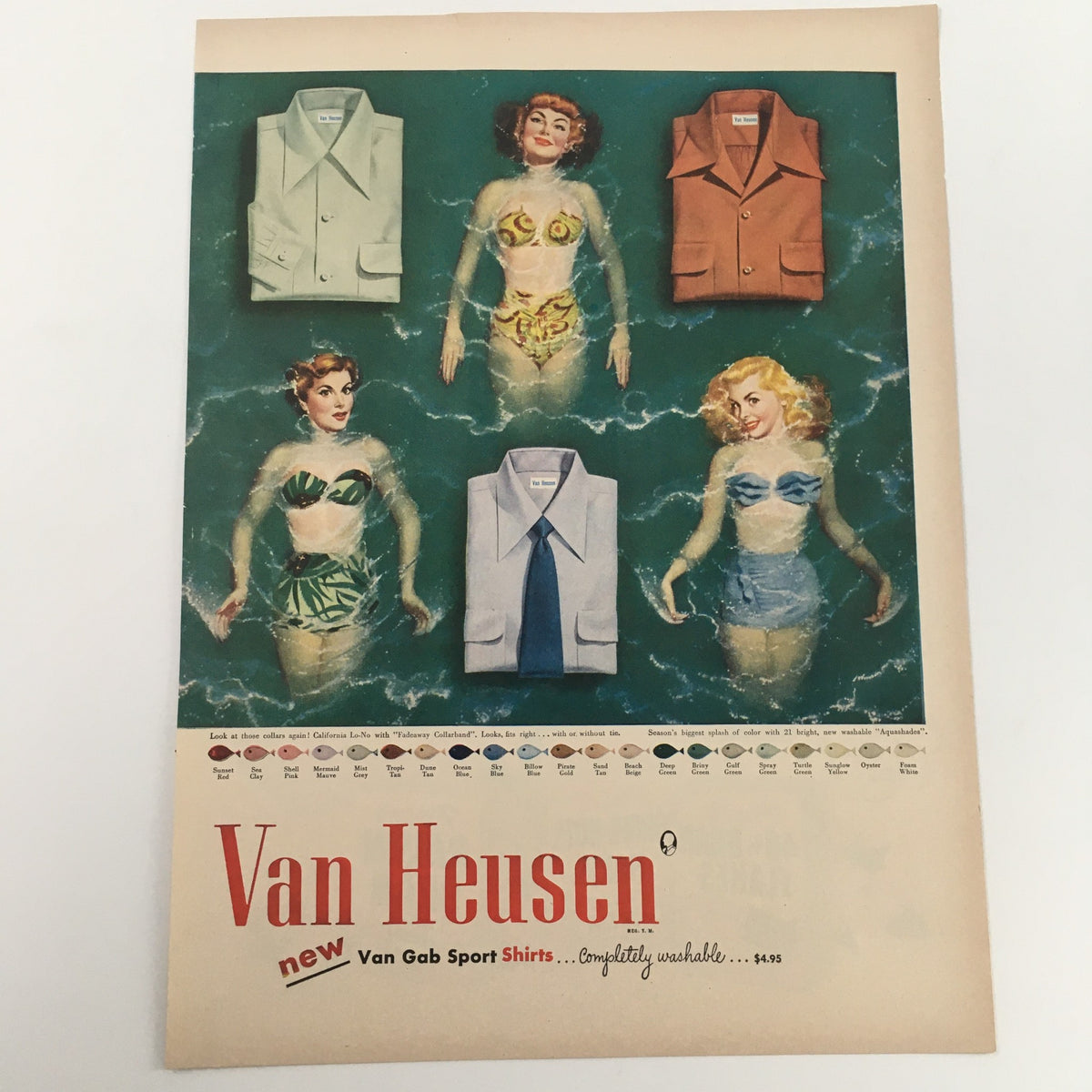 1950 Van Heusen Gab Sport Shirts Vintage Print Ad featuring stylish shirts and models in swimwear, highlighting the retro fashion of the era.