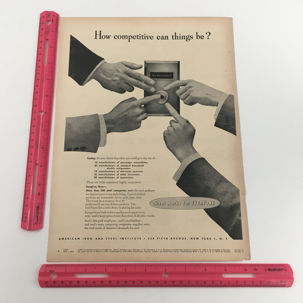 1950 Ford Genuine Parts Special Equipment Engine Tune-Up Vintage Print Ad illustrating hands pointing towards a doorbell, emphasizing competition among steel companies and related products.