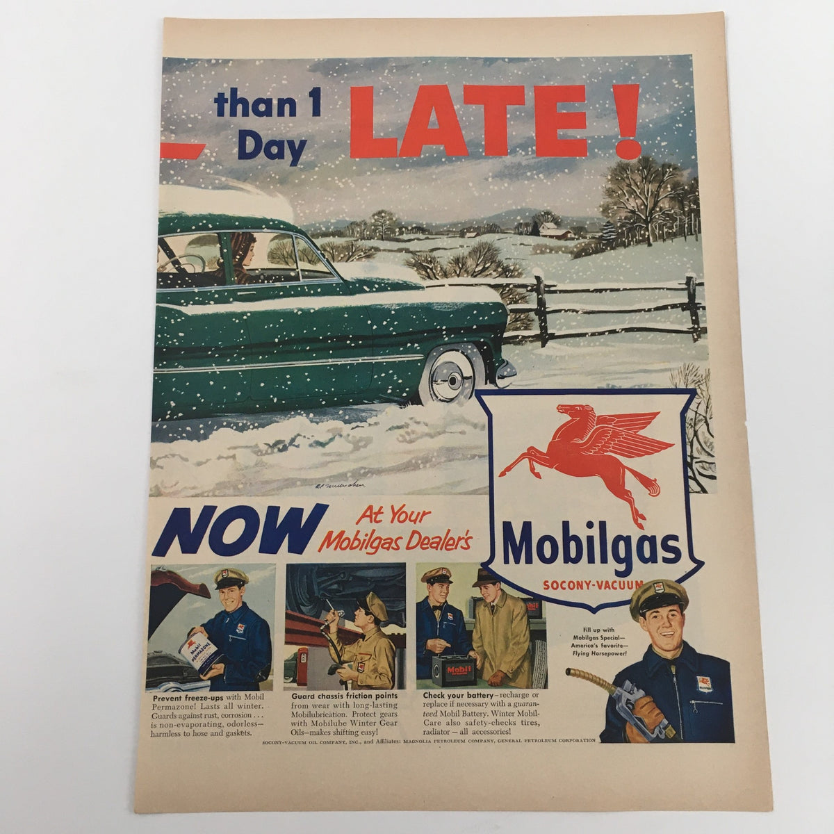 Vintage Mobilgas Socony-Vacuum Dealer Print Ad, highlighting automotive services with a snowy landscape and classic car, invoking nostalgia and historical value.