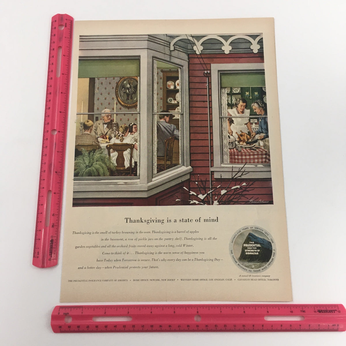 1950 Maxwell House Instant Coffee Vintage Print Ad featuring a nostalgic Thanksgiving scene with families by windows, emphasizing vintage design and coffee culture.