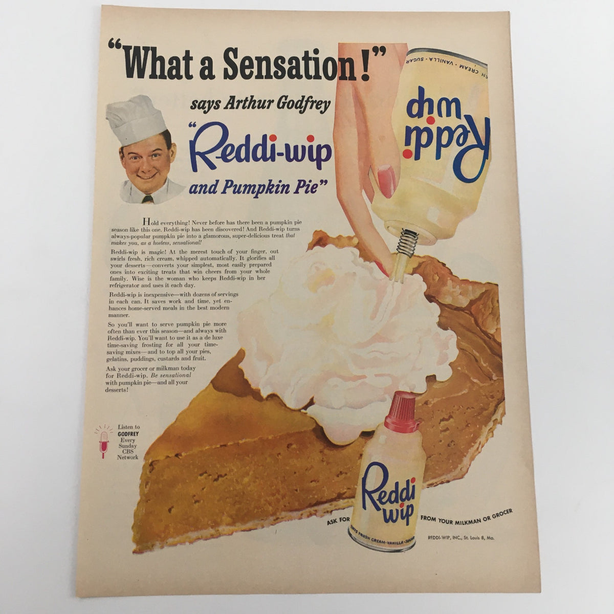 Vintage print ad for Reddi-wip cream featuring a slice of pumpkin pie and a chef, emphasizing the product's appeal with the quote 'What a Sensation!'