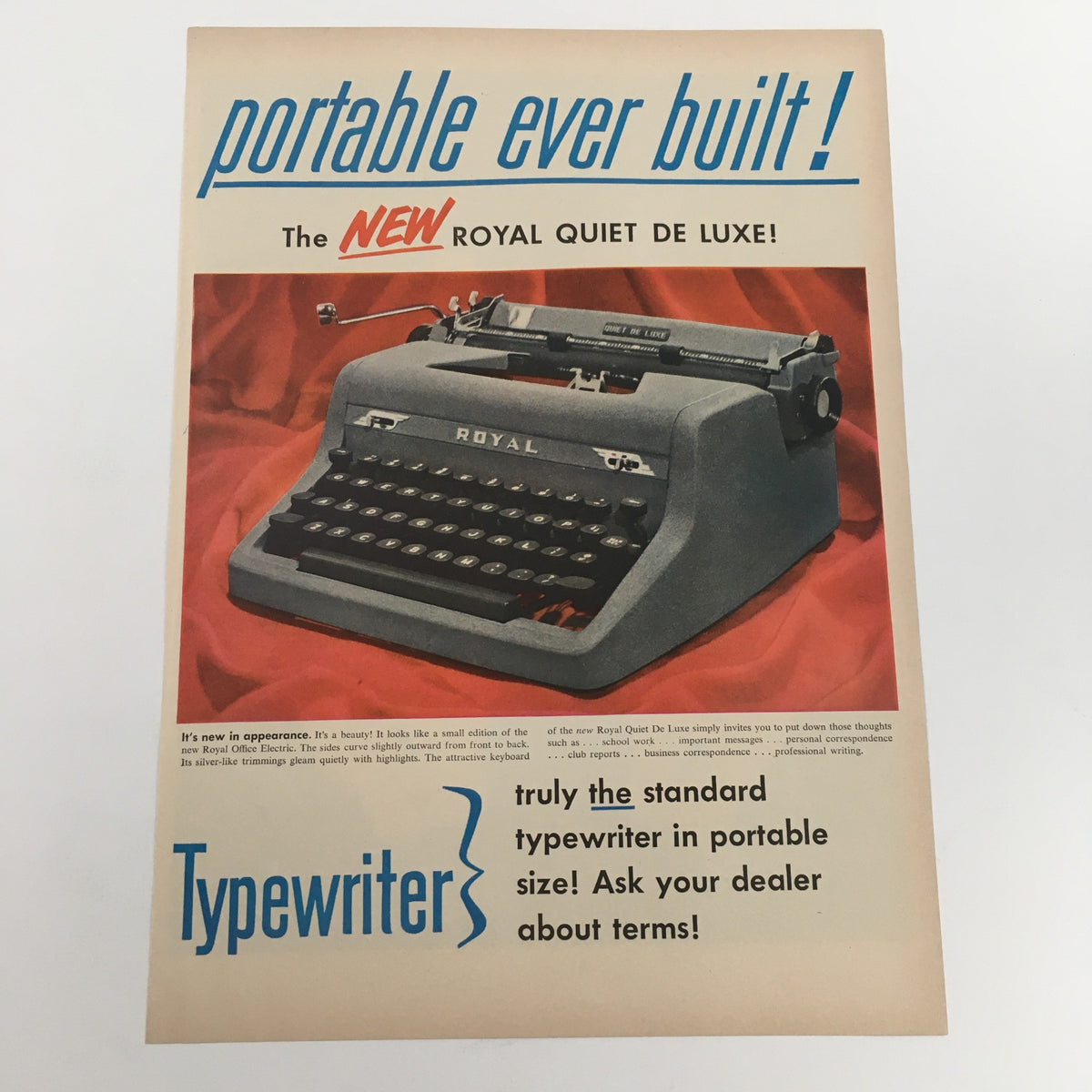 1950 Pep O Mint Life Savers Candy Mints Vintage Print Ad showcasing the Royal Quiet De Luxe typewriter, highlighting its portability and appeal.