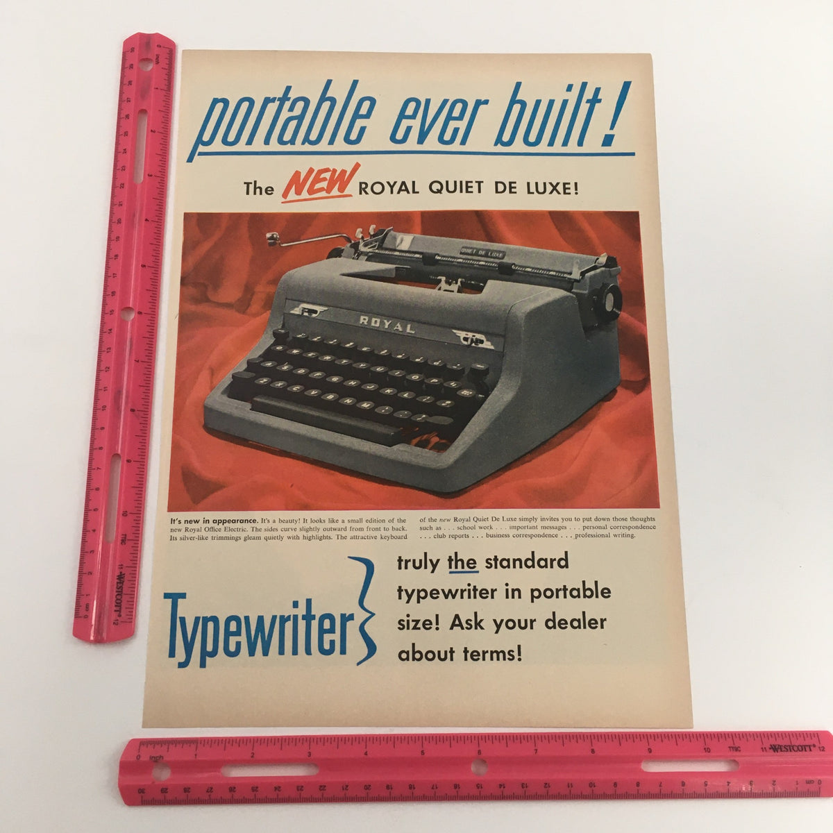 1950 Pep O Mint Life Savers Candy Mints Vintage Print Ad displaying the Royal Quiet De Luxe typewriter with measurements for collector's reference.