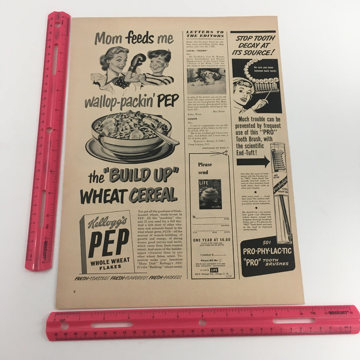 Close-up view of a 1950 print ad for Kellogg's PEP Whole Wheat Flakes, highlighting the promotional features and appealing graphics from the vintage era.