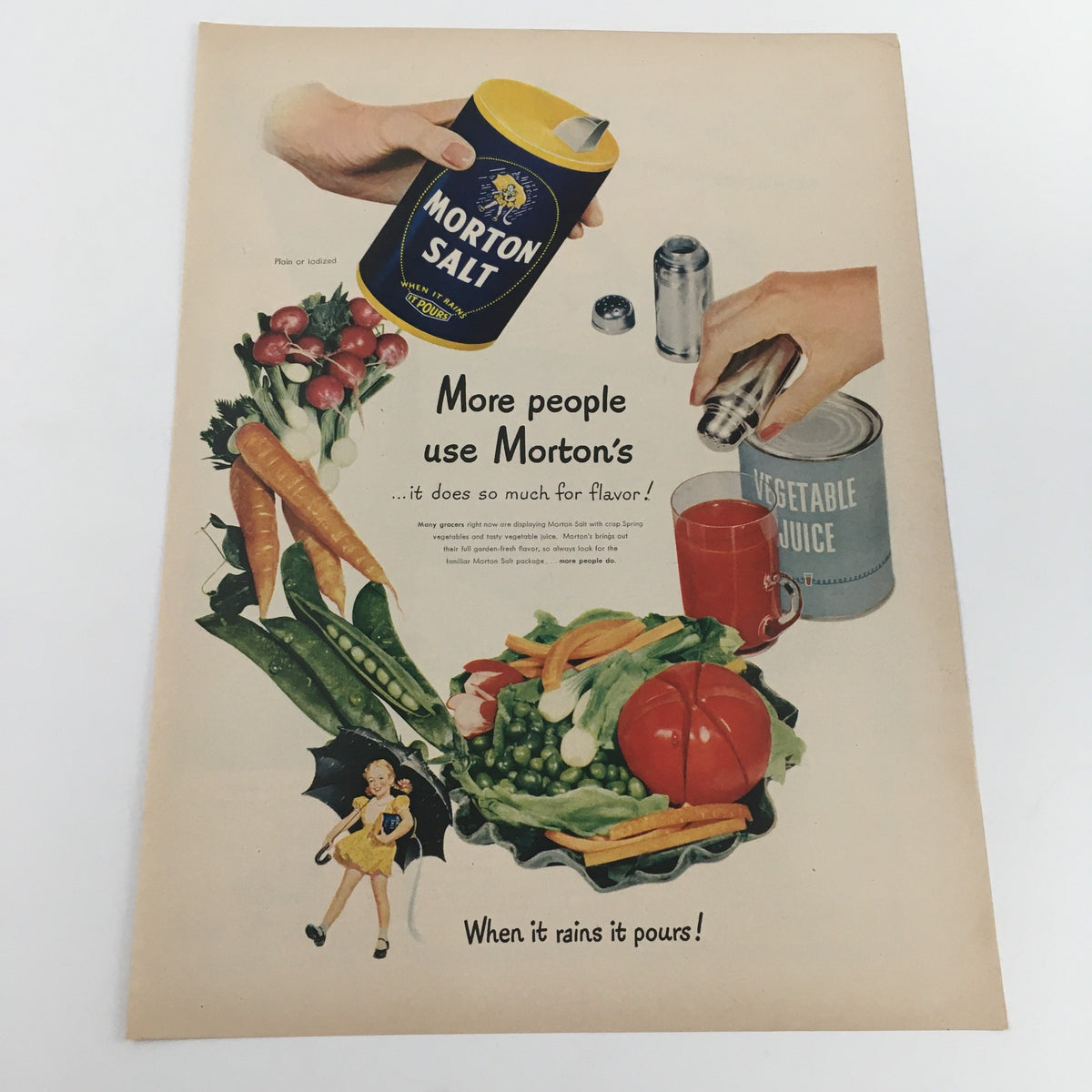 Vintage Morton Salt Print Ad featuring vegetables and the slogan 'More people use Morton's ... it does so much for flavor!' from the 1950 Hunt's Tomato Sauce Lima Bean Casserole Recipe Vintage Print Ad.