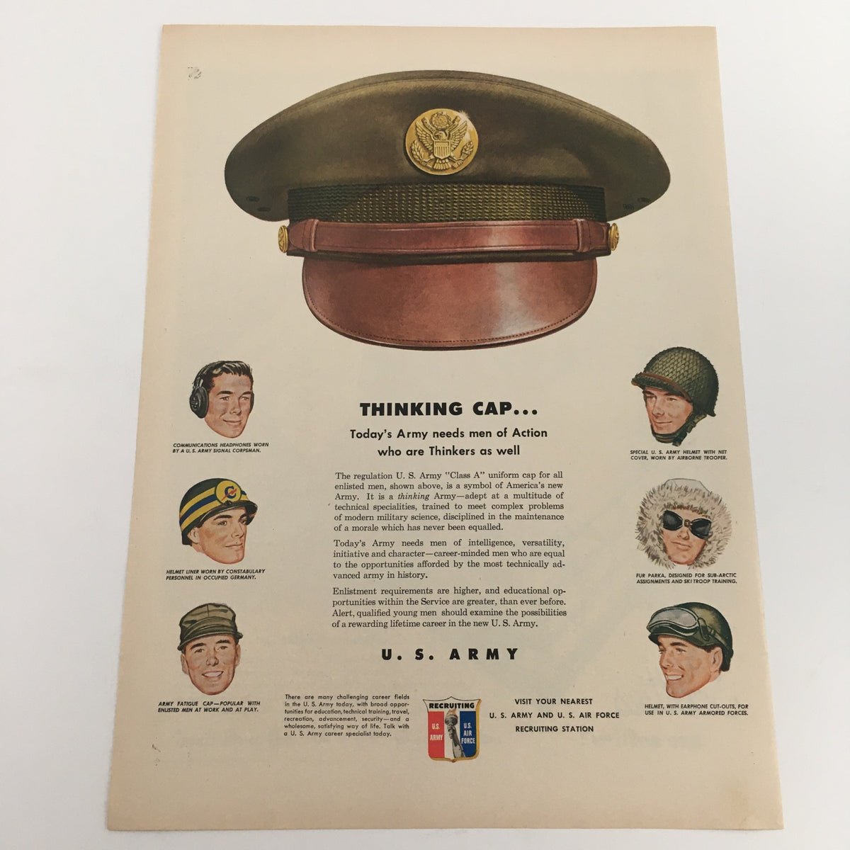 1950 U.S. Army and U.S. Air Force Recruiting Station Vintage Print Ad featuring a military cap and various soldier portraits, emphasizing the theme 'Thinking Cap' promoting Army recruitment.