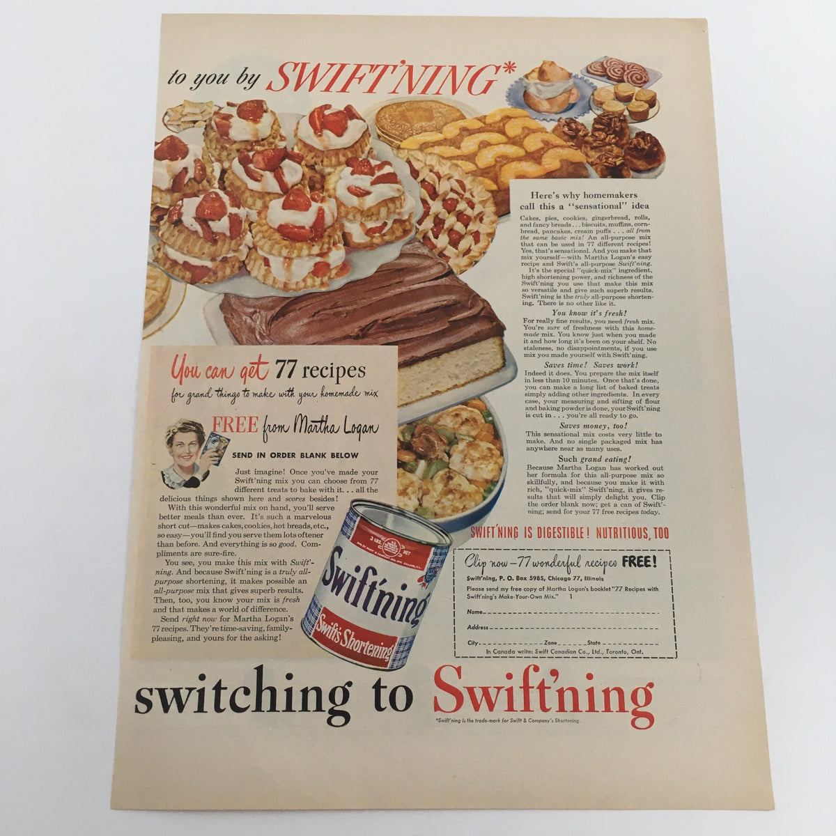 Vintage Switft'ning advertisement featuring a variety of baked goods and a promotional offer for 77 recipes. The ad is well-preserved and complements the 1950 Pabst Blue Ribbon Beer ad featuring Pancho Gonzales.