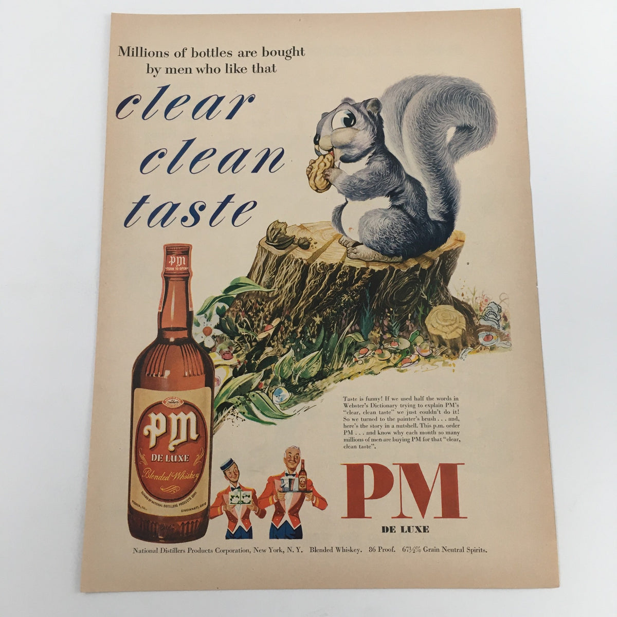 Vintage print ad for 1950 PM De Luxe Blended Whiskey showcasing a whimsical squirrel enjoying a snack, capturing the charm of the era with classic branding and a nod to the product's clean taste.