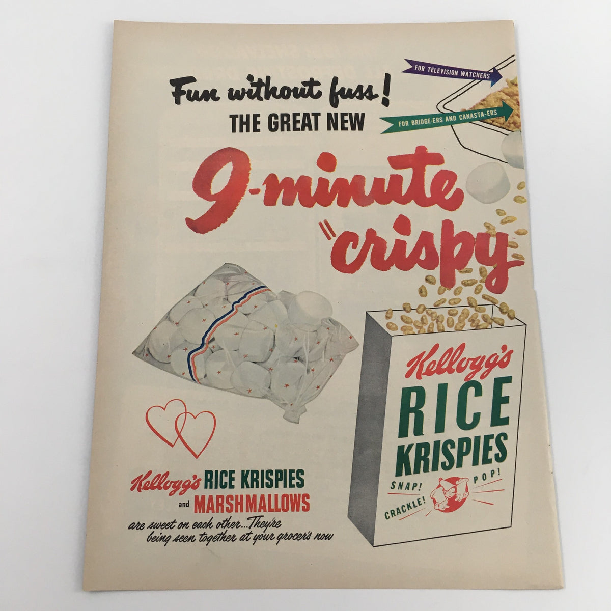Vintage advertisement for 1950 Kellogg's Rice Krispies and Marshmallows featuring colorful graphics and playful text highlighting the fun of a 9-minute preparation. Perfect for collectors of nostalgic Americana.