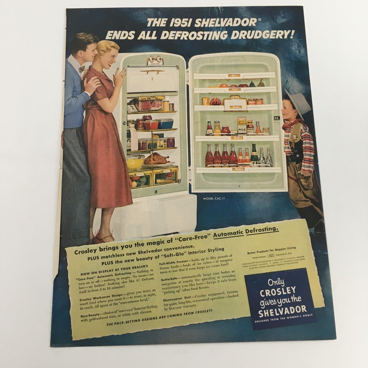 1951 Crosley Shelvador fridge advertisement showcasing automatic defrosting features with vibrant interior styling, including a family engaged around the refrigerator. A charming collectible for vintage appliance enthusiasts.