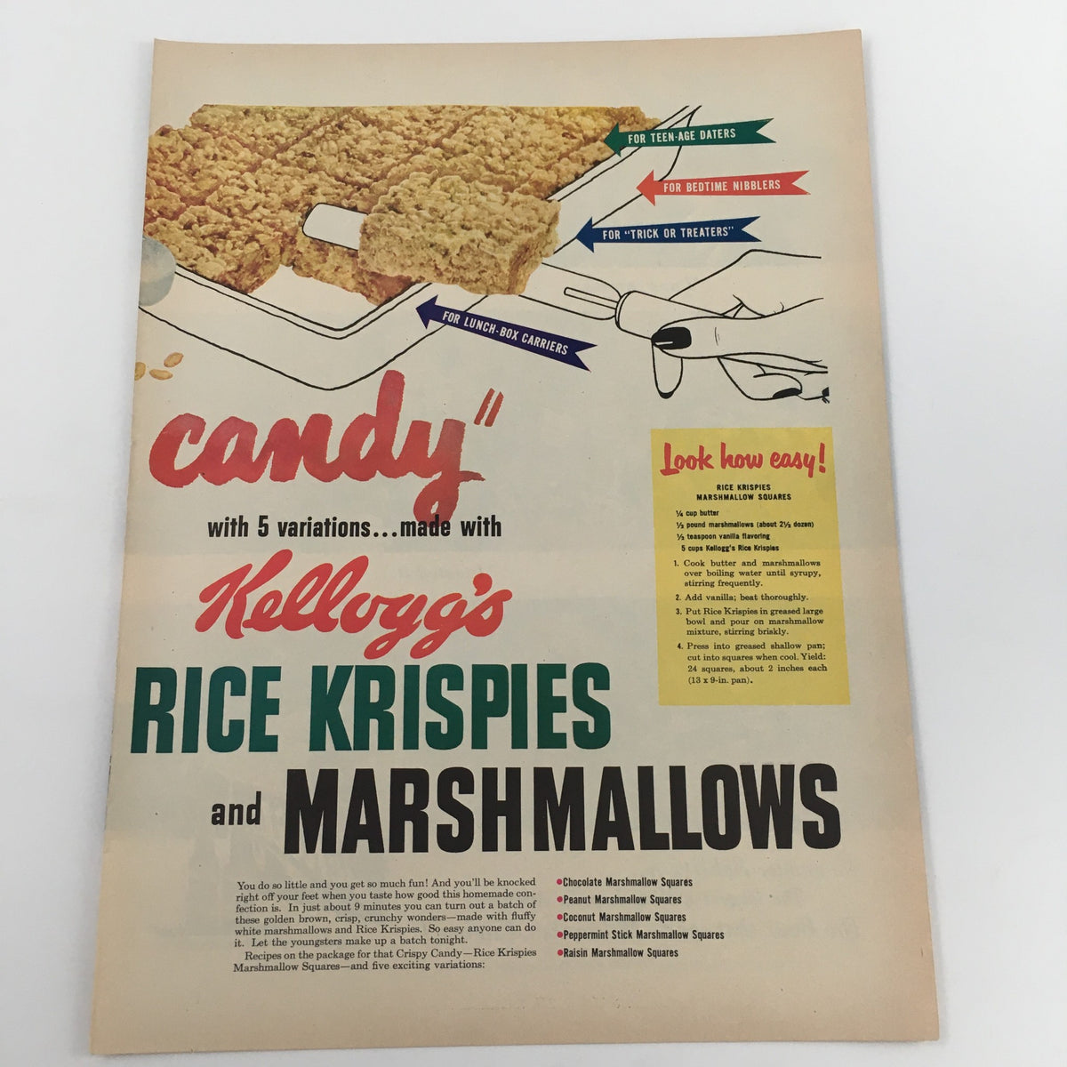 1950 Kellogg's Rice Krispies and Marshmallows vintage print ad, displaying a colorful layout with dessert recipes and options for versatile candy treats.