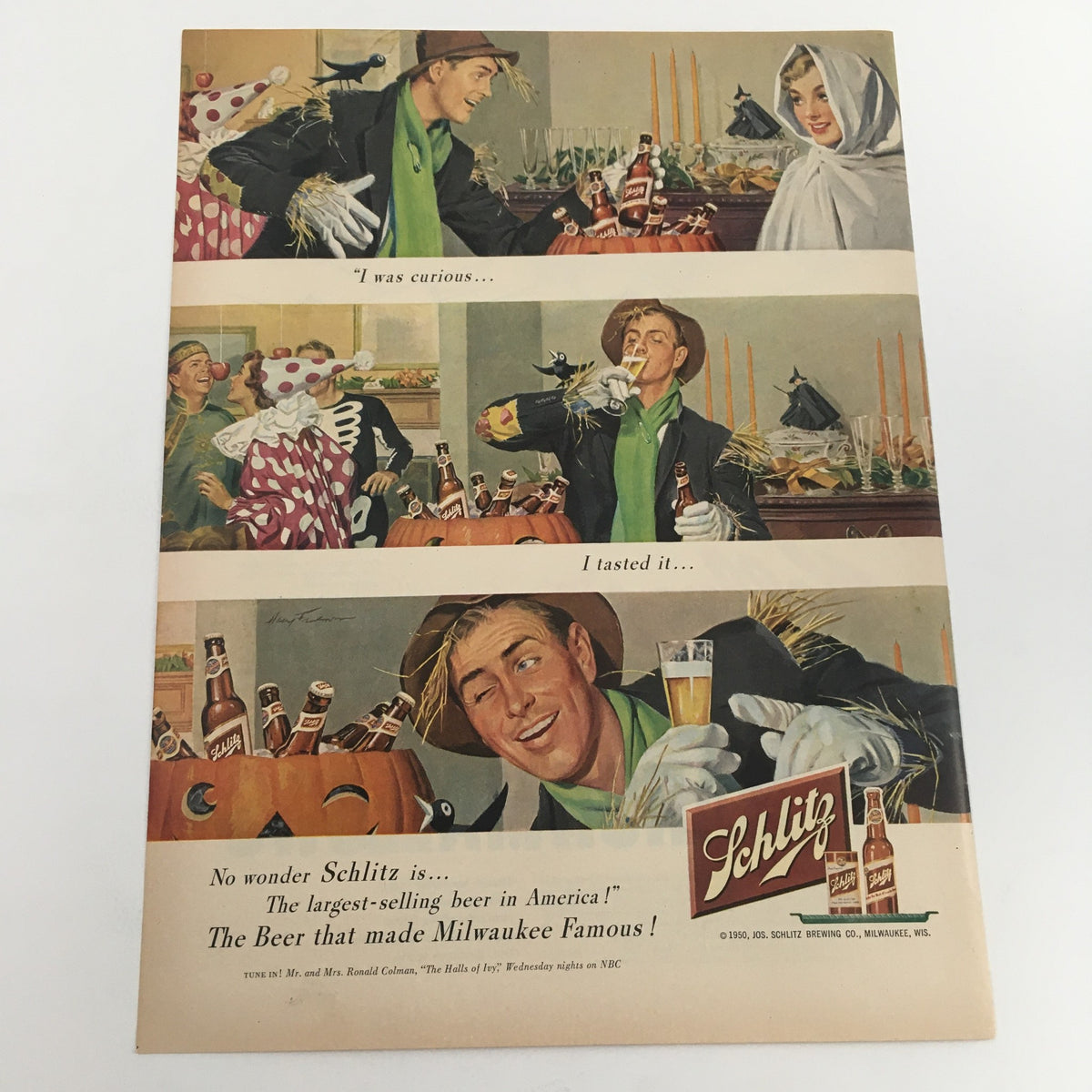 Vintage print ad from 1950 featuring Joseph Schlitz Brewing Company beer, showcasing a whimsical character enjoying the beer, along with colorful scenes of gathering and celebration.