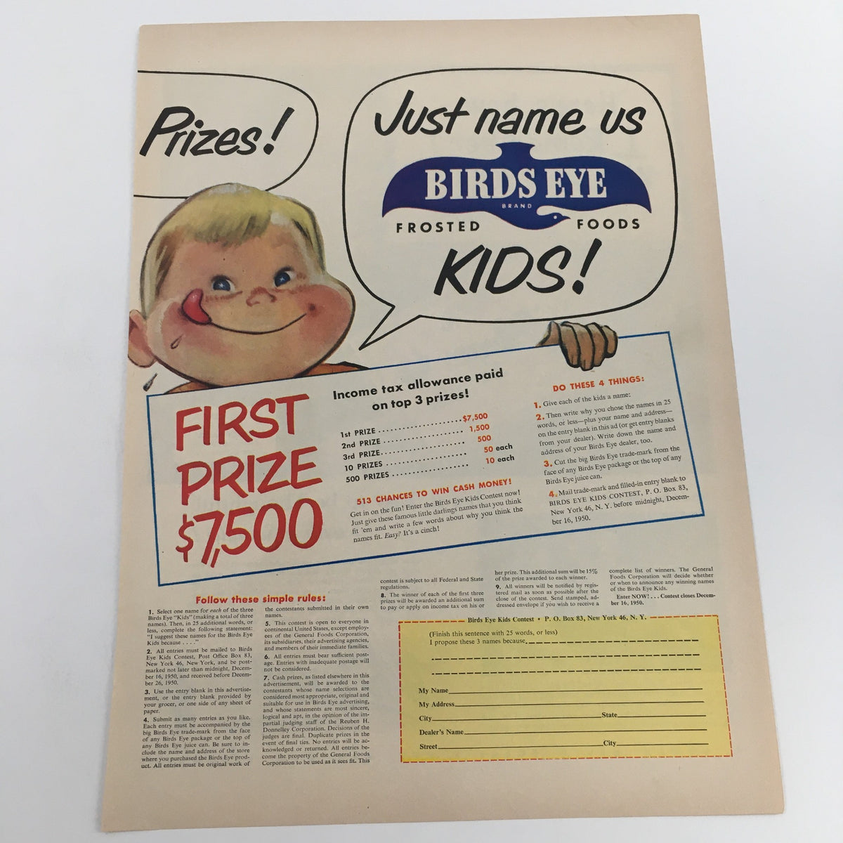 1950 Whitman's Sampler Chocolates and Confections Vintage Print Ad featuring a playful boy promoting Birds Eye Frosted Foods with a prize scheme, perfect for collectors.