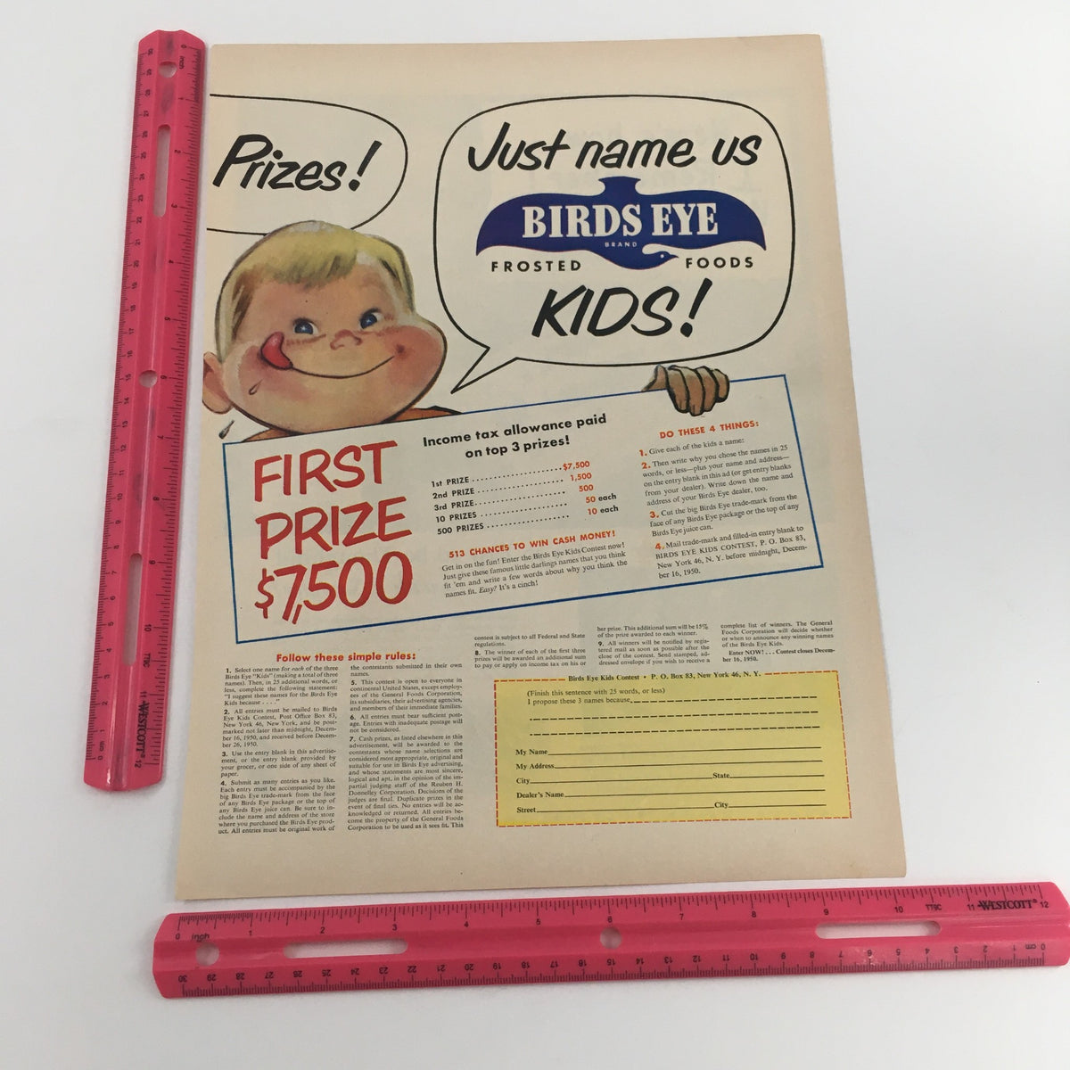 1950 Whitman's Sampler Chocolates and Confections Vintage Print Ad showcasing a charming boy advertising Birds Eye Frosted Foods, emphasizing a first prize of $7,500, ideal for vintage advertisement enthusiasts.