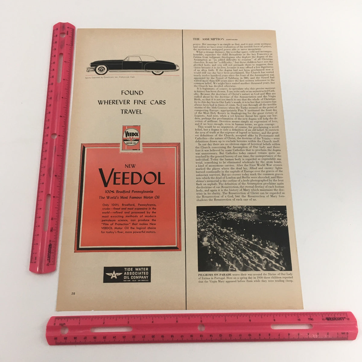 1950 Veedol Motor Oil Tide Water Associated Oil Company Vintage Print Ad highlighting the new Veedol motor oil with a classic car illustration and an elegant layout, emphasizing the quality of the product.