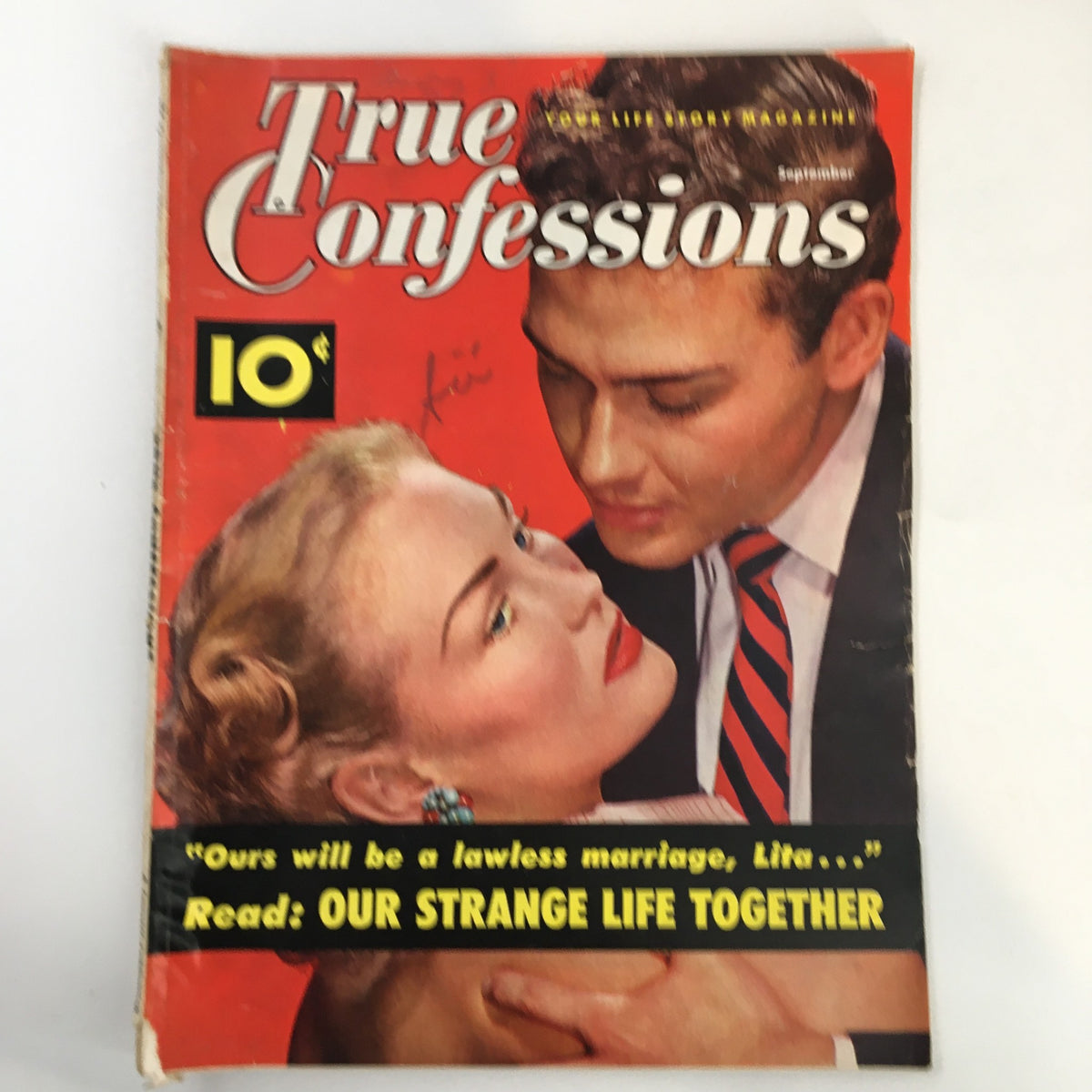 Cover of True Confessions Magazine, September 1952, featuring a dramatic illustration of a couple, highlighting the cover story 'Mary: For Love or Pity' with vintage aesthetics.