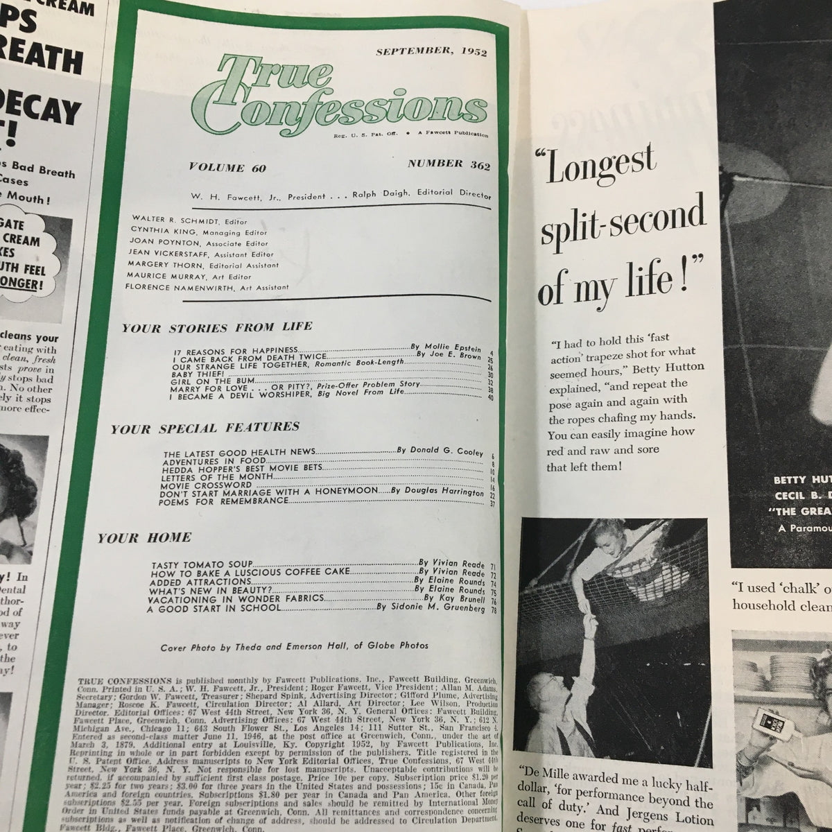 Interior page of True Confessions Magazine from September 1952, displaying the table of contents with topics highlighting personal stories and special features of the era.