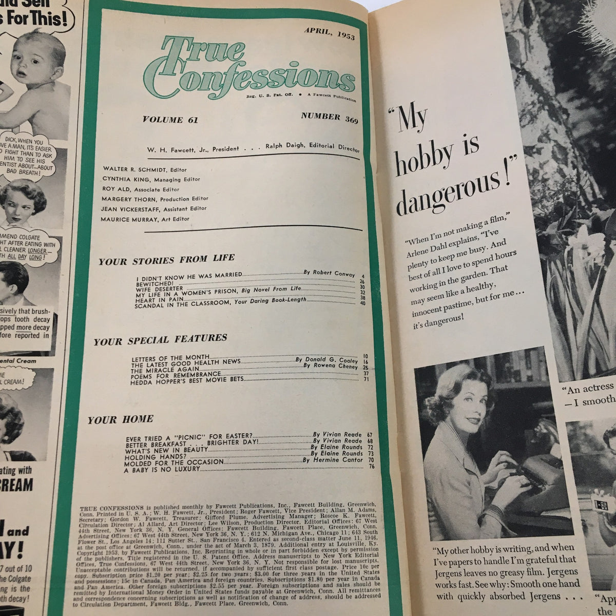 Inside page of True Confessions Magazine April 1953, featuring the table of contents and key articles, providing a glimpse into the magazine's content.