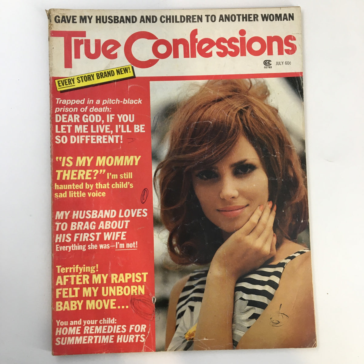 Cover of True Confessions Magazine July 1975 featuring articles on home remedies for summertime hurts. The magazine displays vintage design elements, with a young woman with curly hair and a striped dress prominently featured.