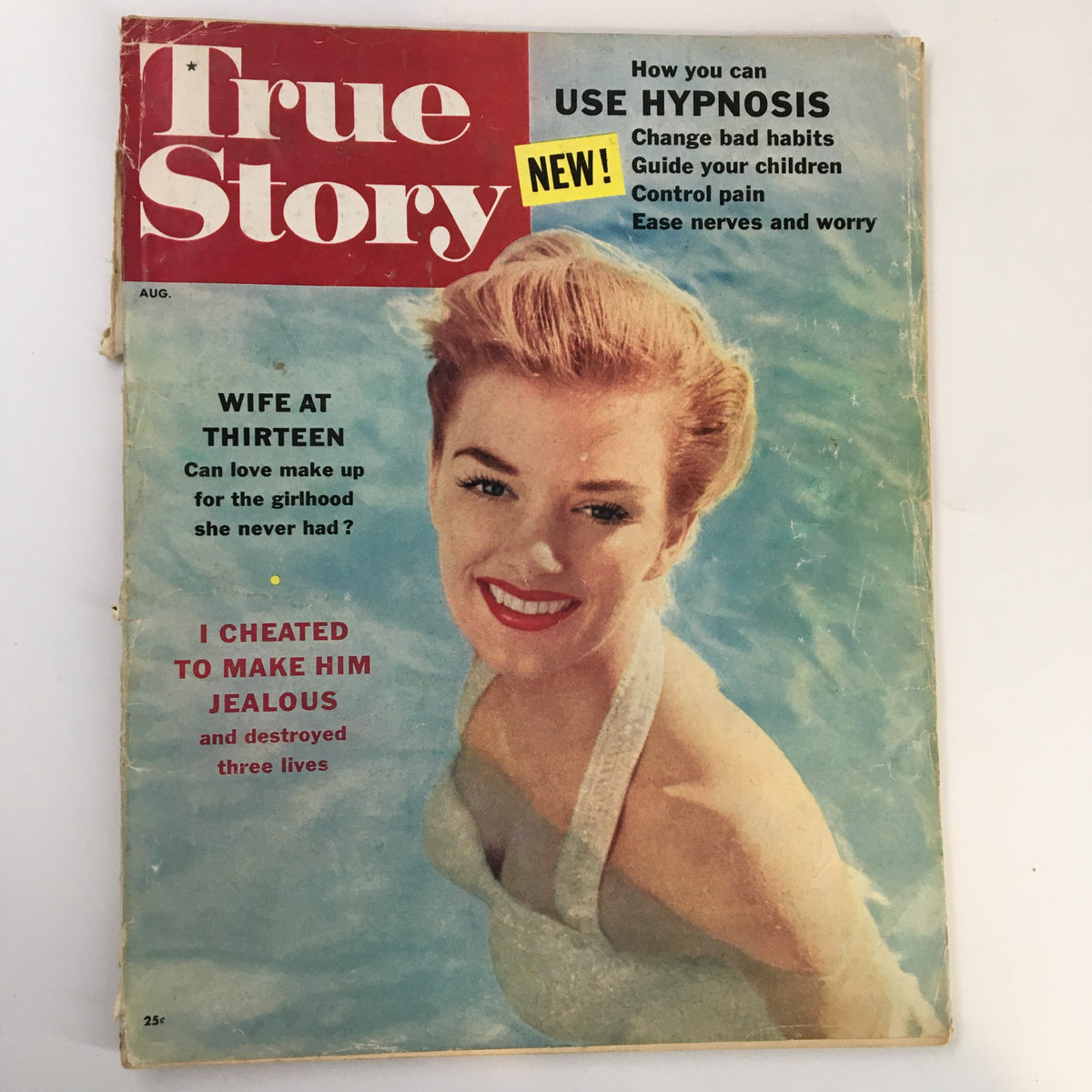 Cover of VTG True Story Magazine August 1958 featuring an illustration of a woman in a swimming suit and headlines about hypnosis and personal stories.