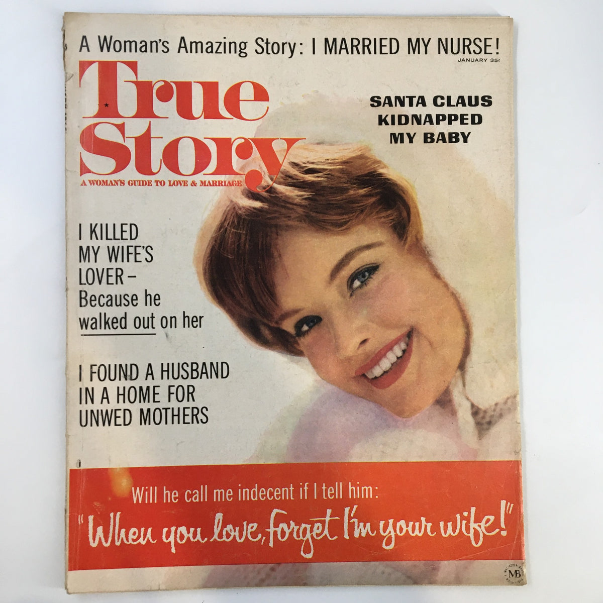 Cover of VTG True Story Magazine January 1965 featuring the headline 'I Killed My Wife's Lover' with a smiling woman, representing provocative narratives of love and betrayal.