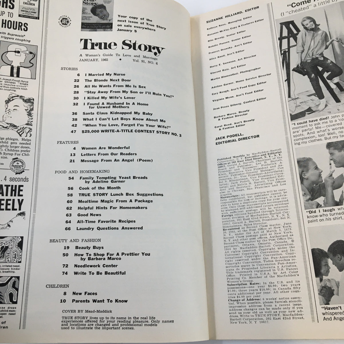 Inside page of VTG True Story Magazine January 1965 featuring contents including 'I Killed My Wife's Lover' and various stories and features on love, marriage, beauty, and food.