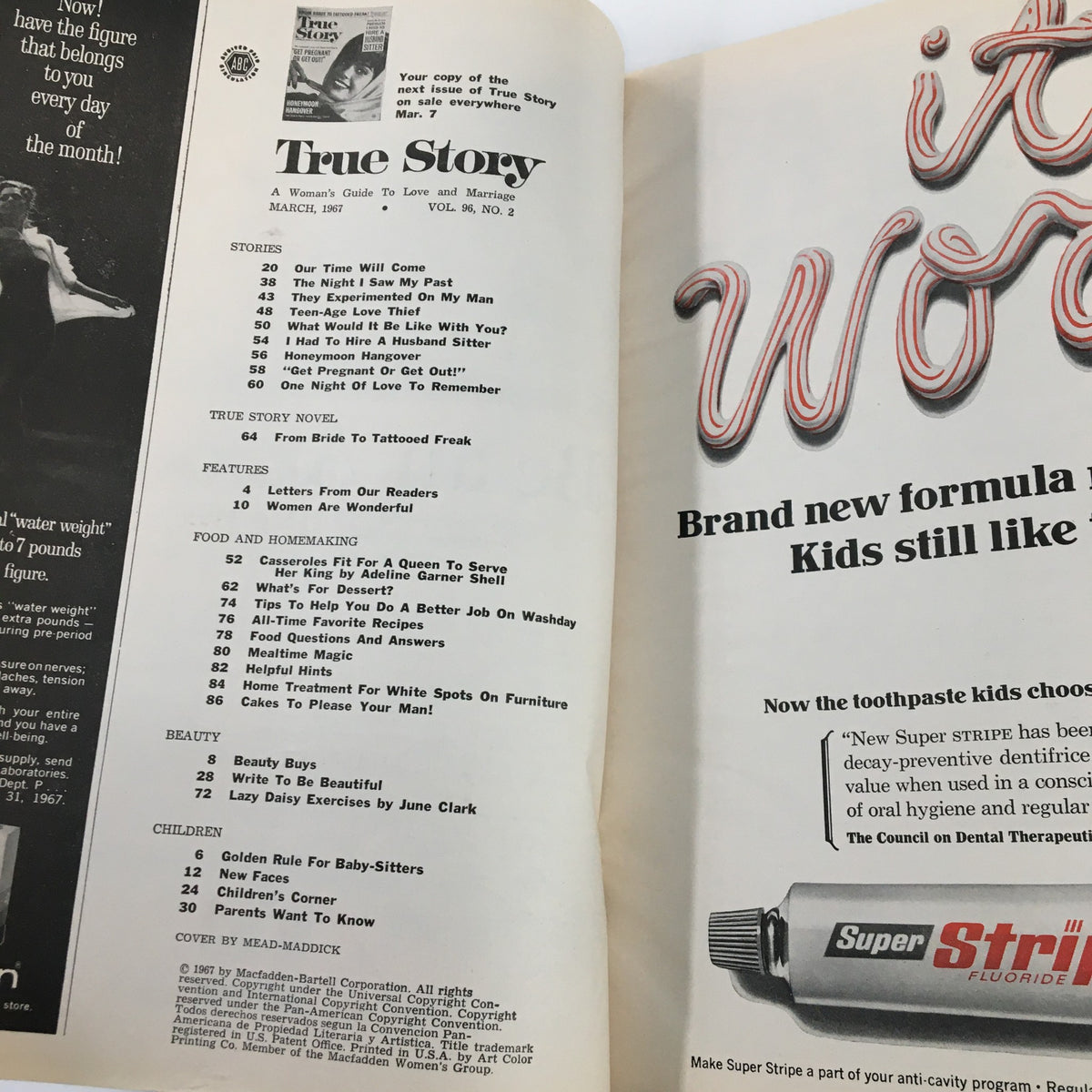 Interior page of True Story Magazine March 1967 displaying the table of contents, highlighting stories and features related to love, marriage, and home life.