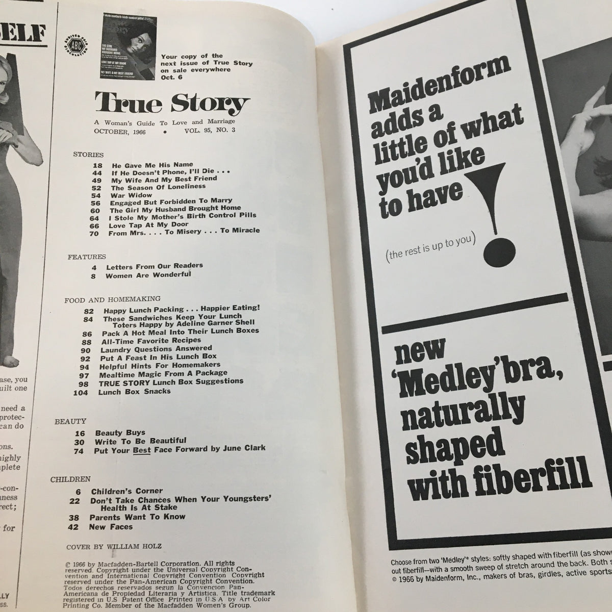 Interior page of the VTG True Story Magazine October 1966 showing the table of contents, listing various articles and features dedicated to women's experiences and homemaking tips.