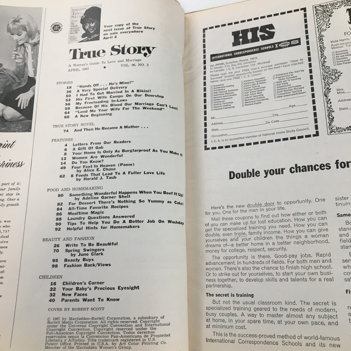 Inside pages of VTG True Story Magazine from April 1967, featuring stories, features, and advertisements related to love and marriage.