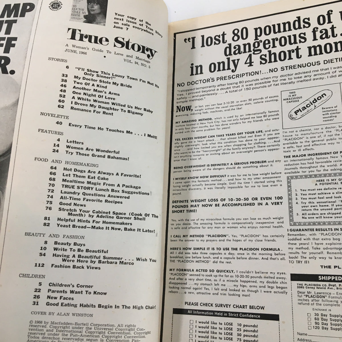 Inside page of VTG True Story Magazine June 1966 displaying the table of contents and various article titles, including 'I'm Not the Only Sinner' and others.