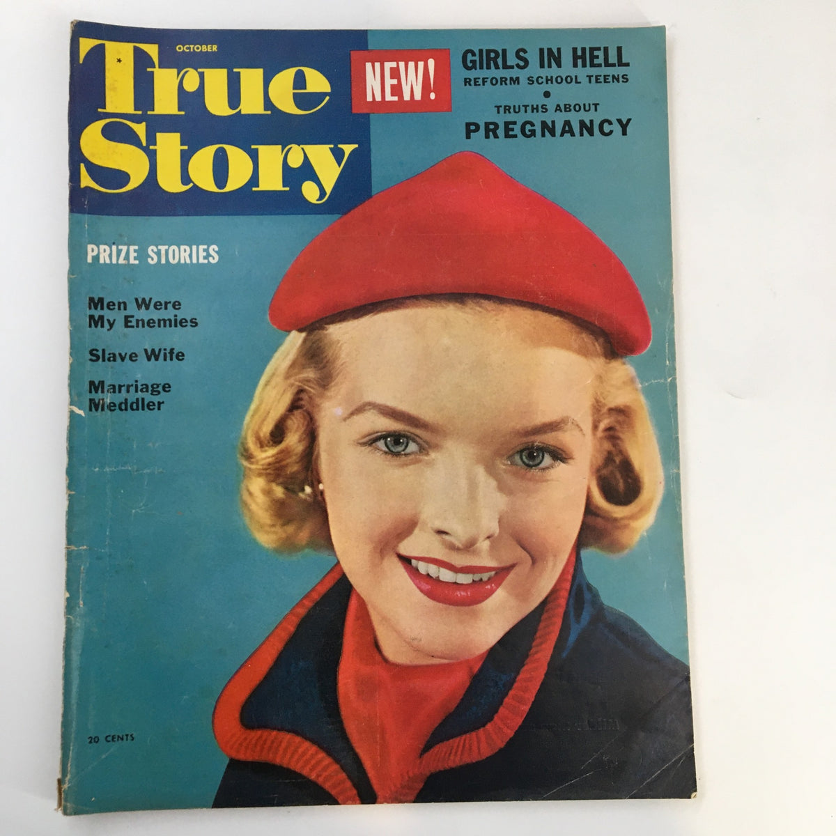 Cover of VTG True Story Magazine from October 1953 featuring article 'Girls in Hell Reform School' and vibrant imagery of a young woman in a red beret.