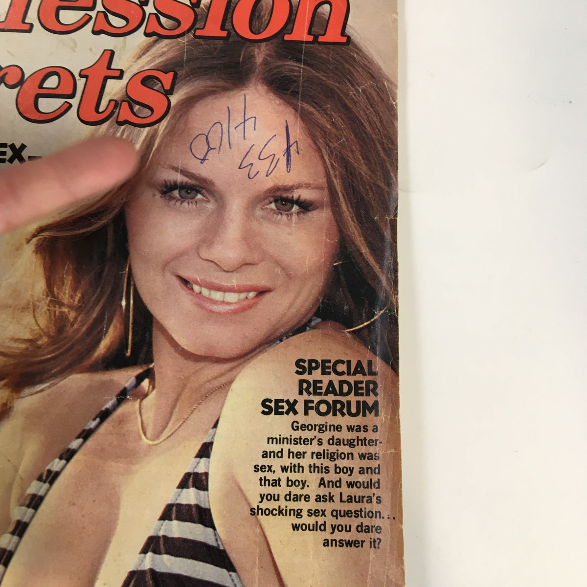 Cover of VTG Confession Secrets Magazine August 1979 featuring the title 'Perfect Lovers, Perfect Perverts' and a model with a playful expression. Includes a handwritten note on the forehead.
