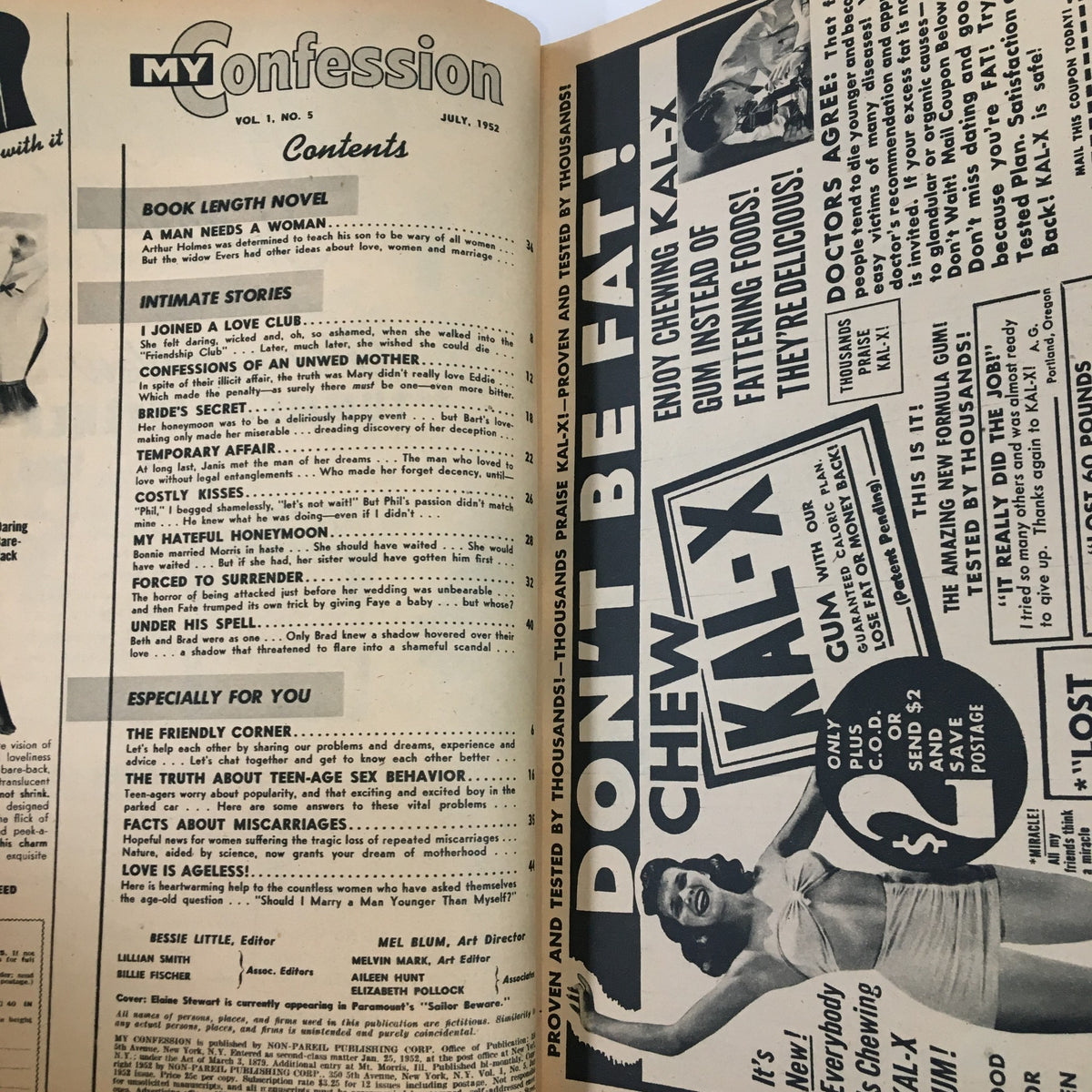 Inside page of My Confession Magazine July 1952 displaying the table of contents, including various intimate stories and articles about teen-age sex behavior and relationships.