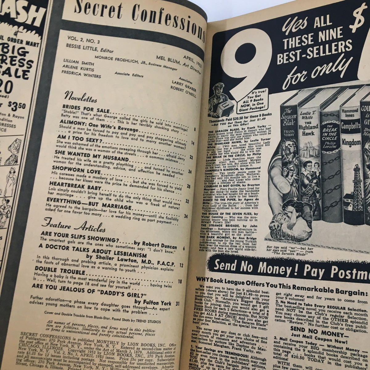 Interior page of Secret Confessions Magazine April 1953 displaying the table of contents and feature articles, highlighting the vintage magazine's content and allure.